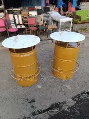Bar High Drum Tables, White and Gold 