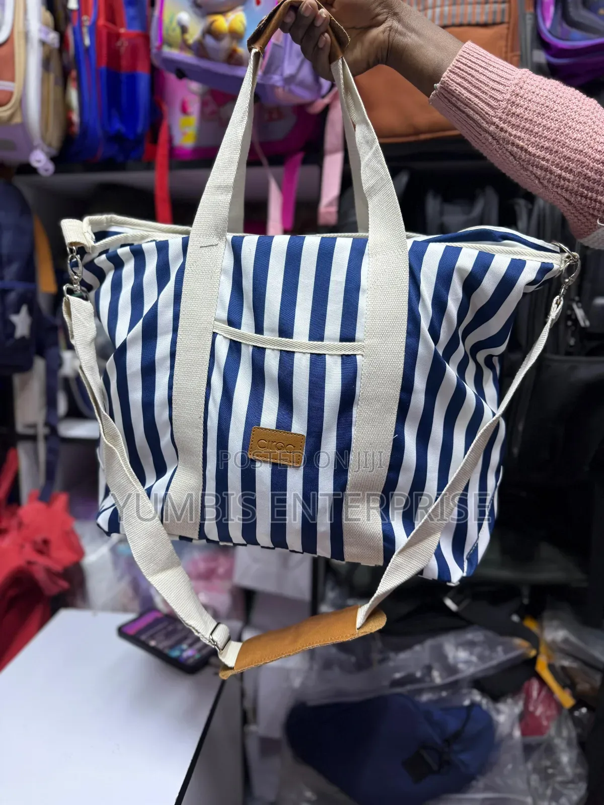 Navy Blue /White Stripes Cabana Strip Largewomen's Tote Bag