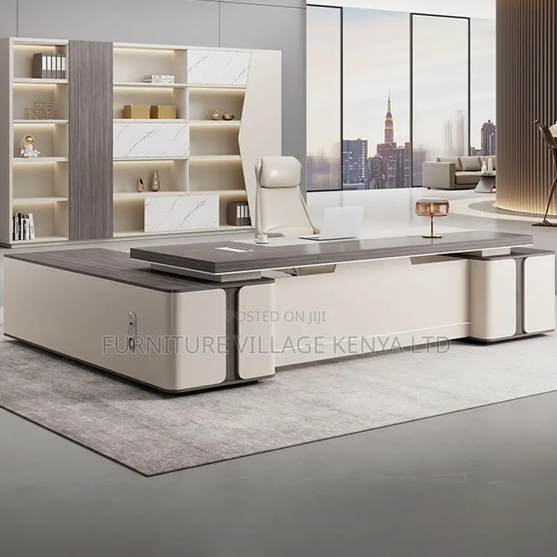 Office Desk: 2-Meters L Shape Office Desk Set in Light Gray