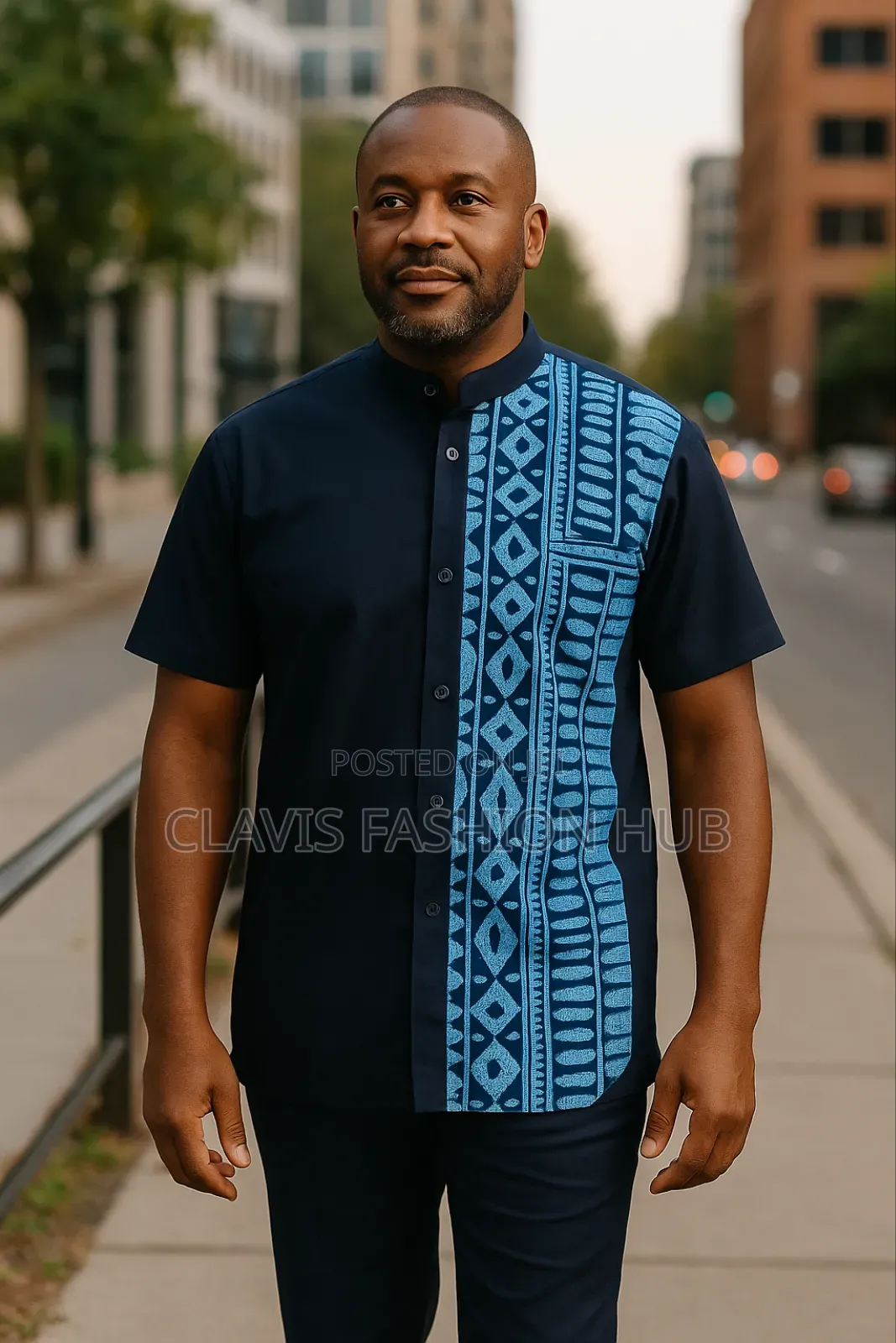 Navy Blue Shirt Short Sleeved With Kitenge