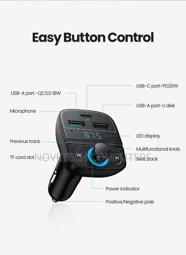 Ugreen 31.5w 3-port Car Charger Bluetooth 5.0 Fm Transmitter