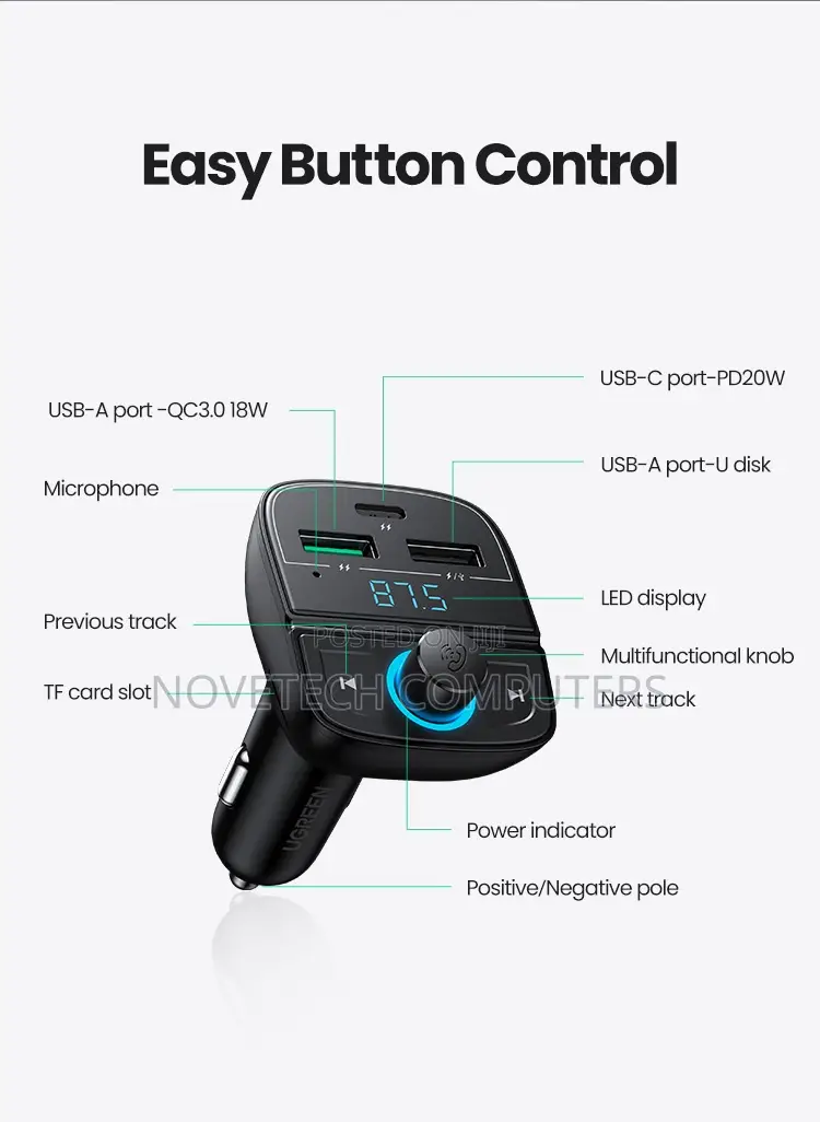 Ugreen 31.5w 3-port Car Charger Bluetooth 5.0 Fm Transmitter