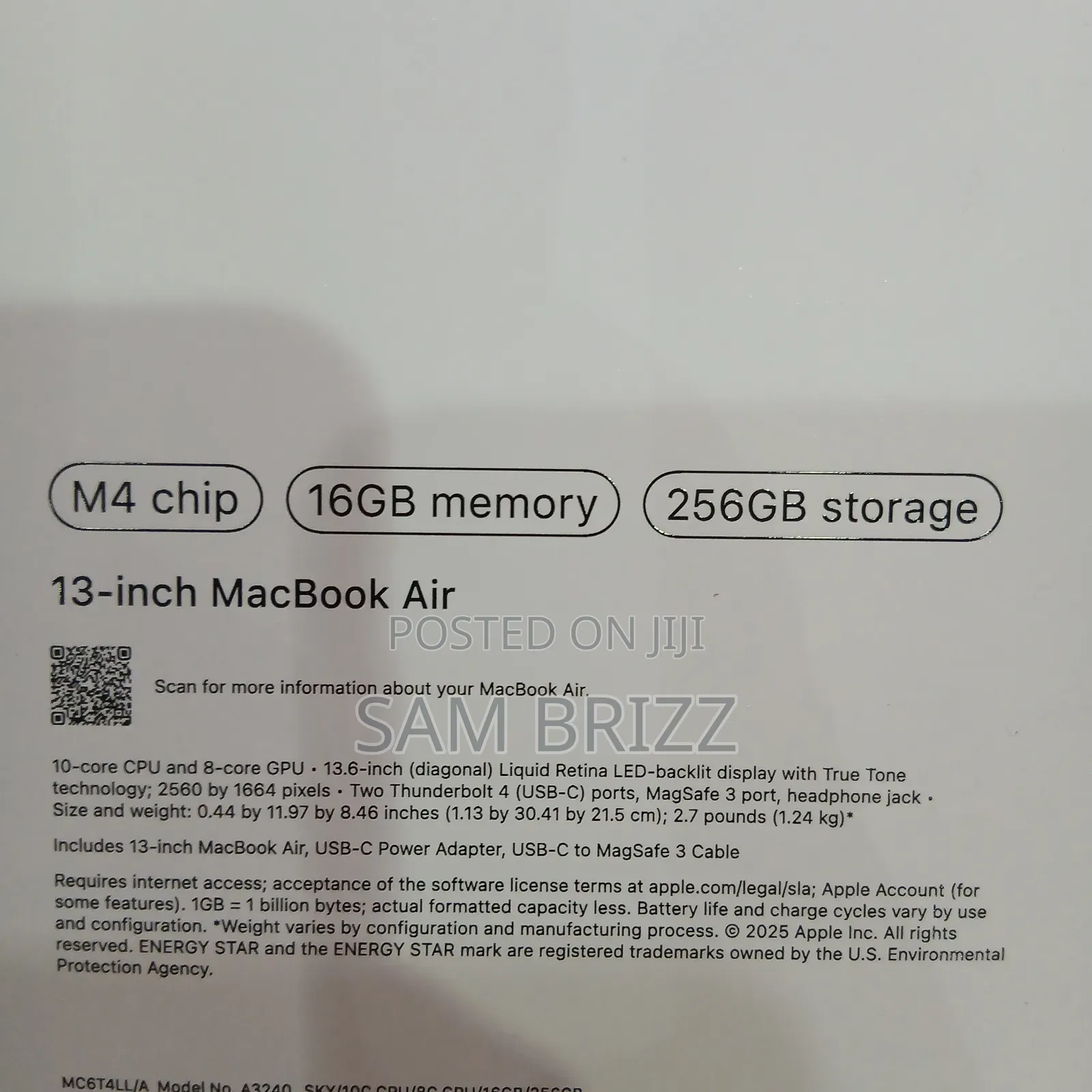 New Laptop Apple MacBook Air 16GB Apple M4 SSD 256GB
