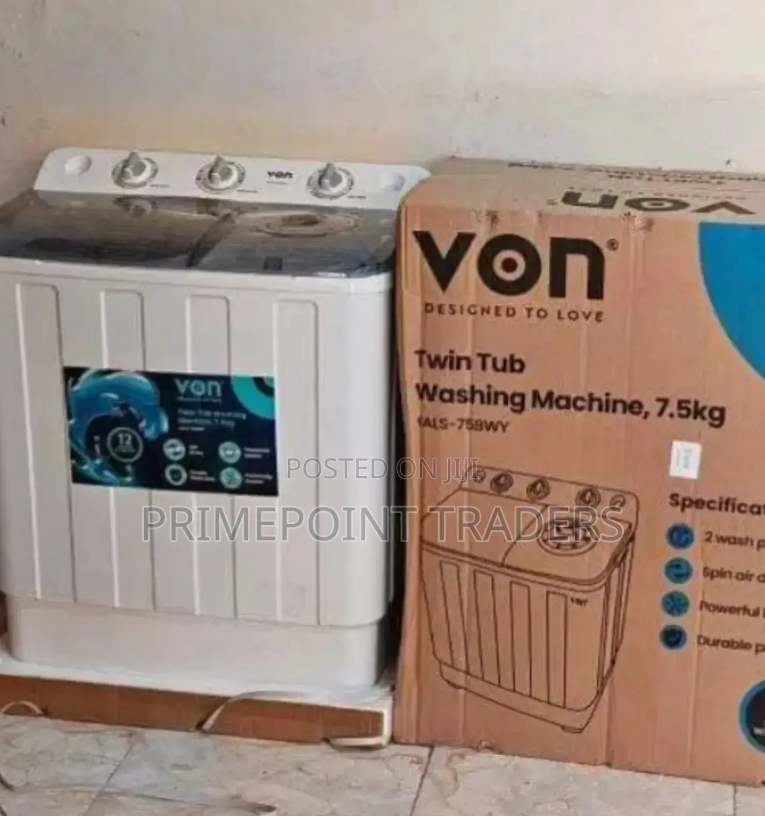 Washing Machine 7.5kg Von, Vals-75bwy (Twin Tub) White