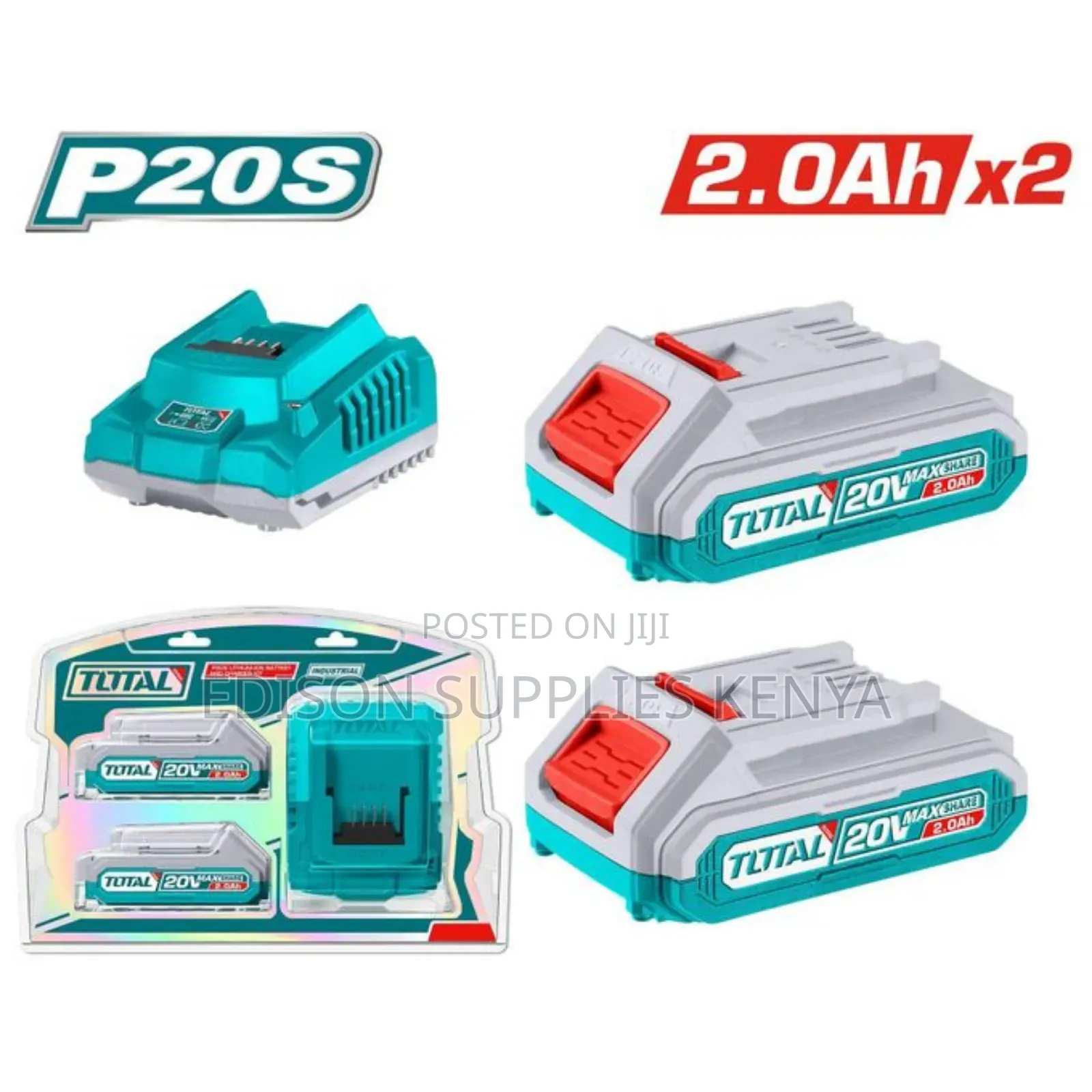 Total Li-Ion 2.0ah Cordless Battery 2pcs and Charger Kit 20v