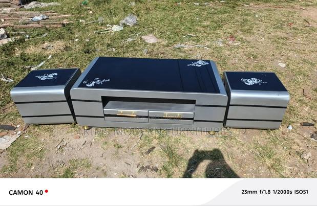 Blossom Coffee Table Gray and Two Stools Glasstop Flowered - main view