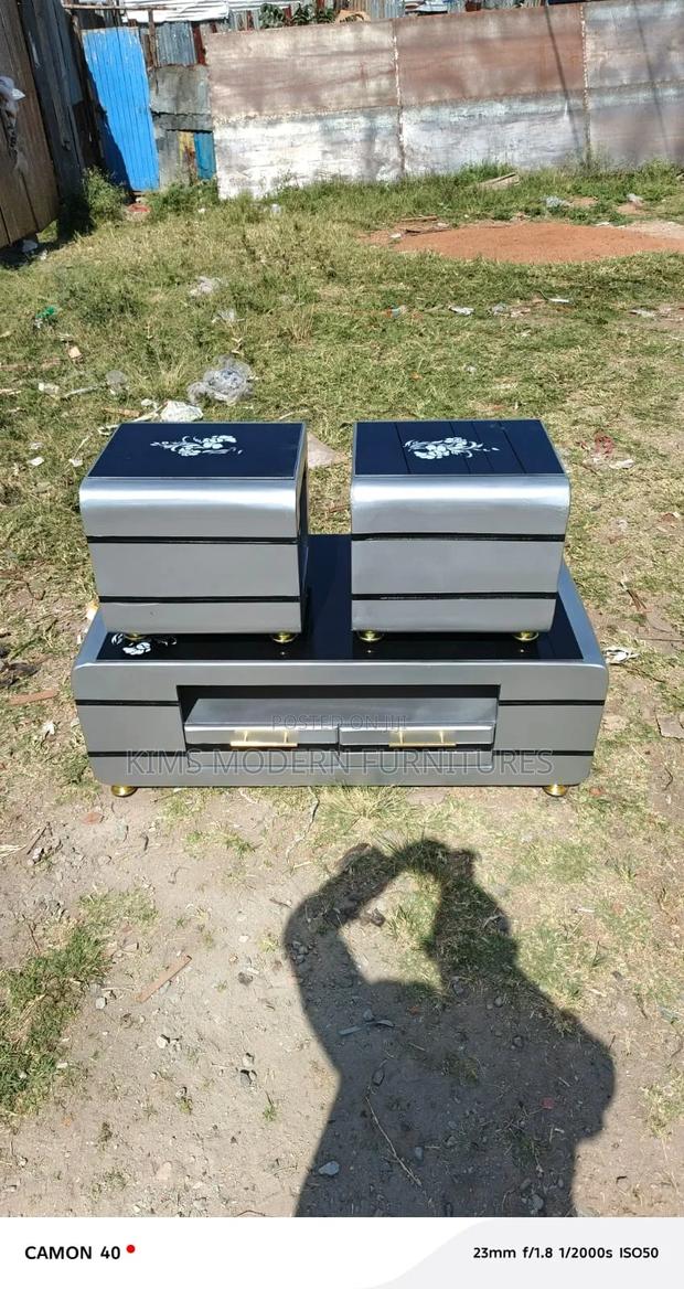 Chic Grey Table and It's 2 Stools With Glass Tops - main view