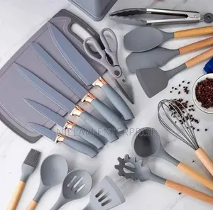 19pc Silicon Spoon Set + Knife Set + Bamboo