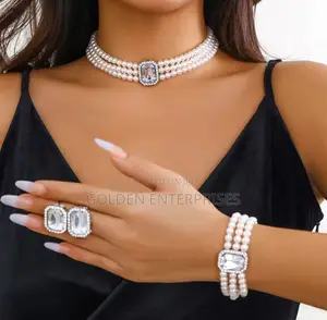 3pcs Necklace, Earrings, Bracelet Set, Layered Pearl Set