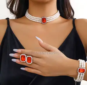 3pcs Necklace, Earrings, Bracelet Set, Layered Pearl Set