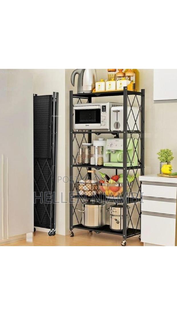 5 Tier Metallic Foldable Kitchen Rack With Wheels - main view