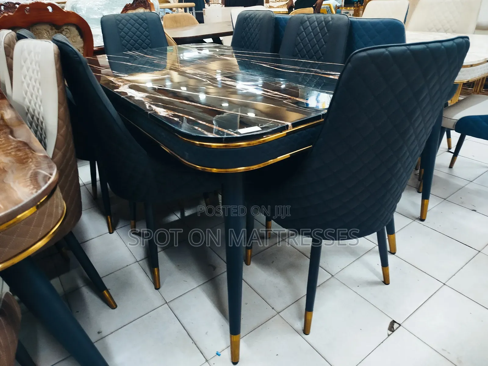 Dining Set - Golden Marble Top Table + 6 Leather Chairs.