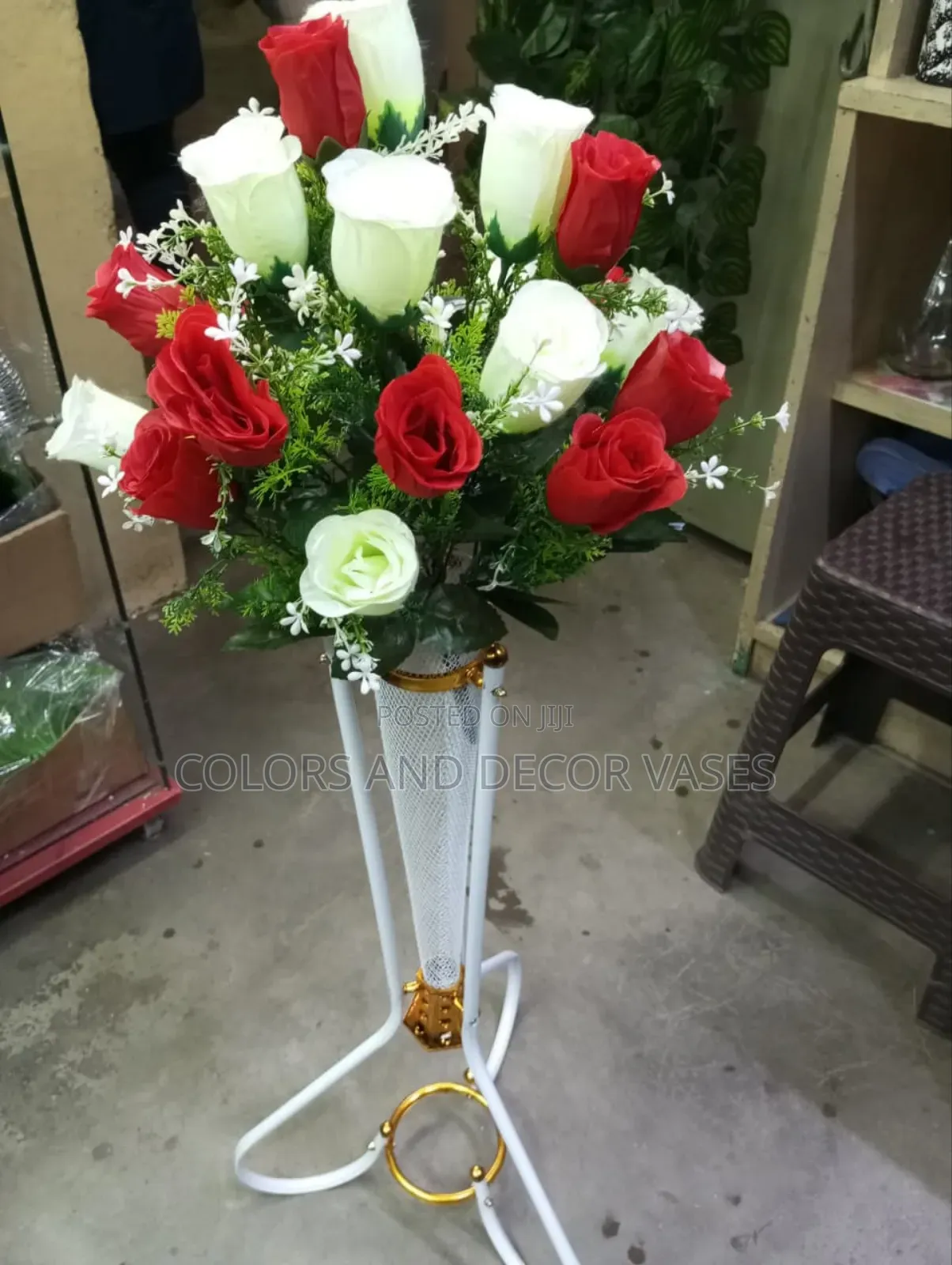 White Metallic Vase With Flowers