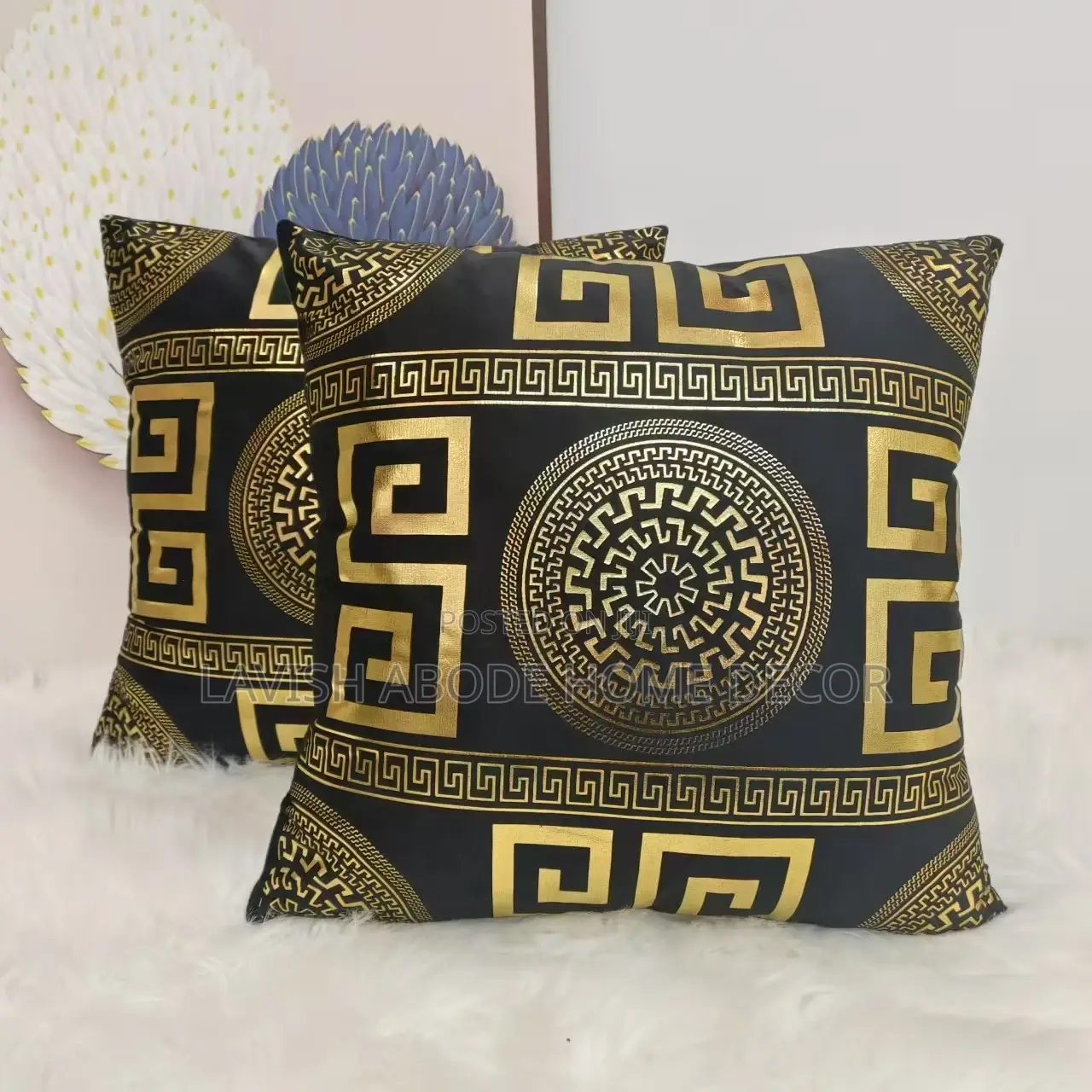 Velvet Throw Pillow Cover - Black With Gold Details