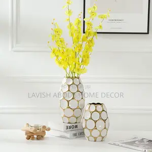 Large Ceramic White and Gold Flower Vase for Decor