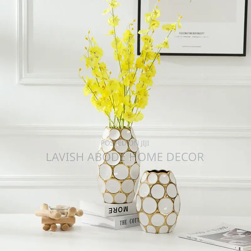 Large Ceramic White and Gold Flower Vase for Decor