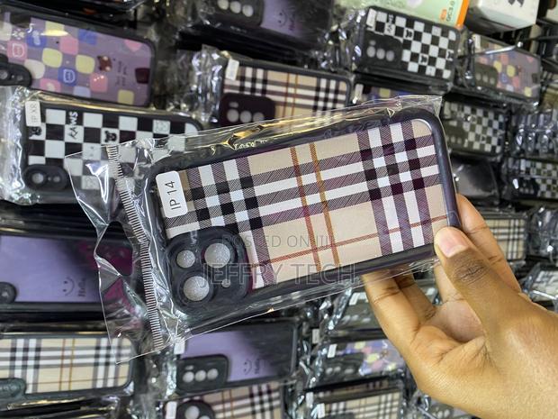 Plush Scottish Tartan Grid Stripe Fabric iPhone 14 Case - thumbnail 2