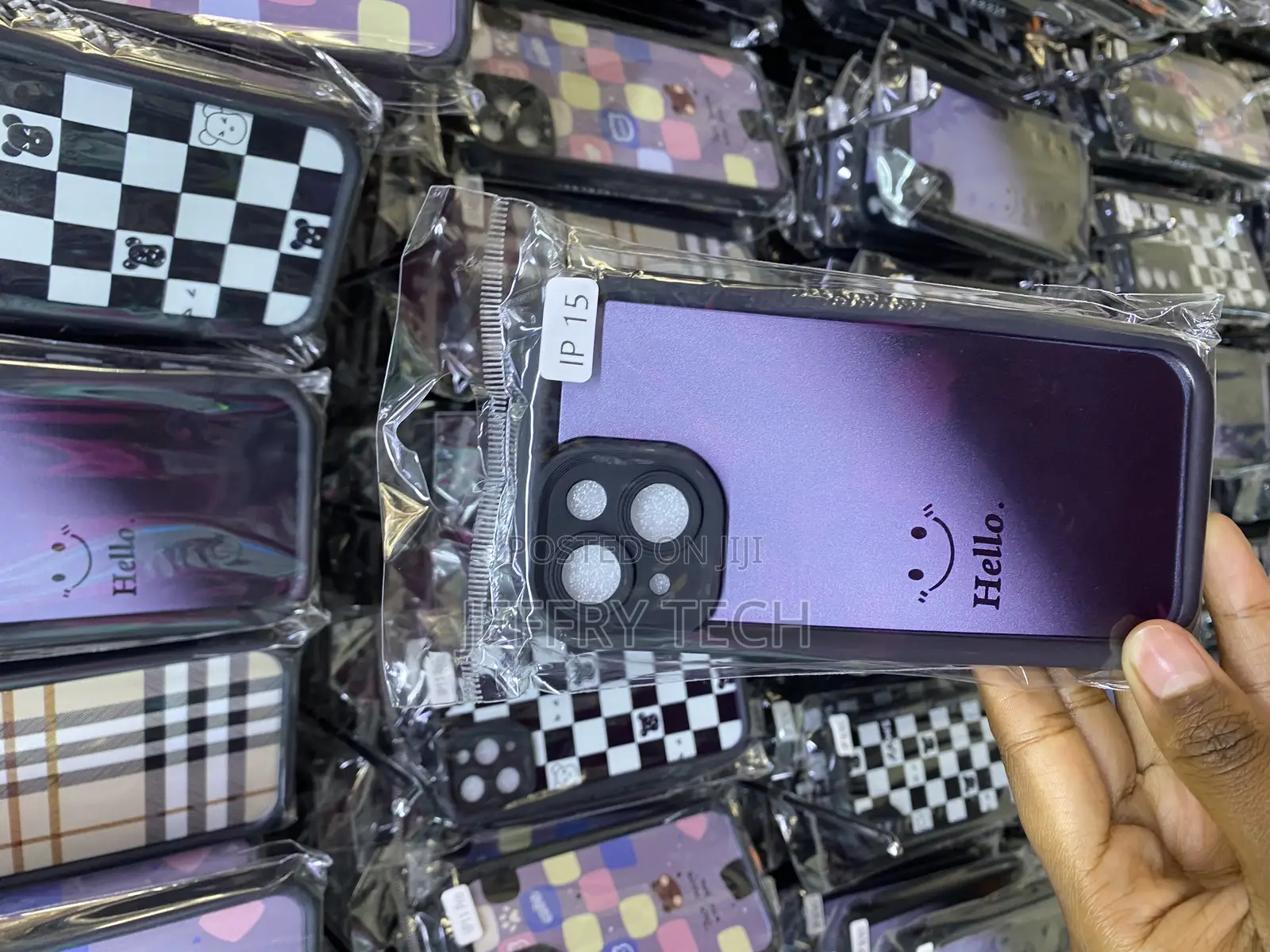 Smiley iPhone 15 Purple Hello Fabric Scotish Cute Case