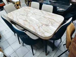 Marble Top Dining Set With Golden Touches + 6 Leather Chairs