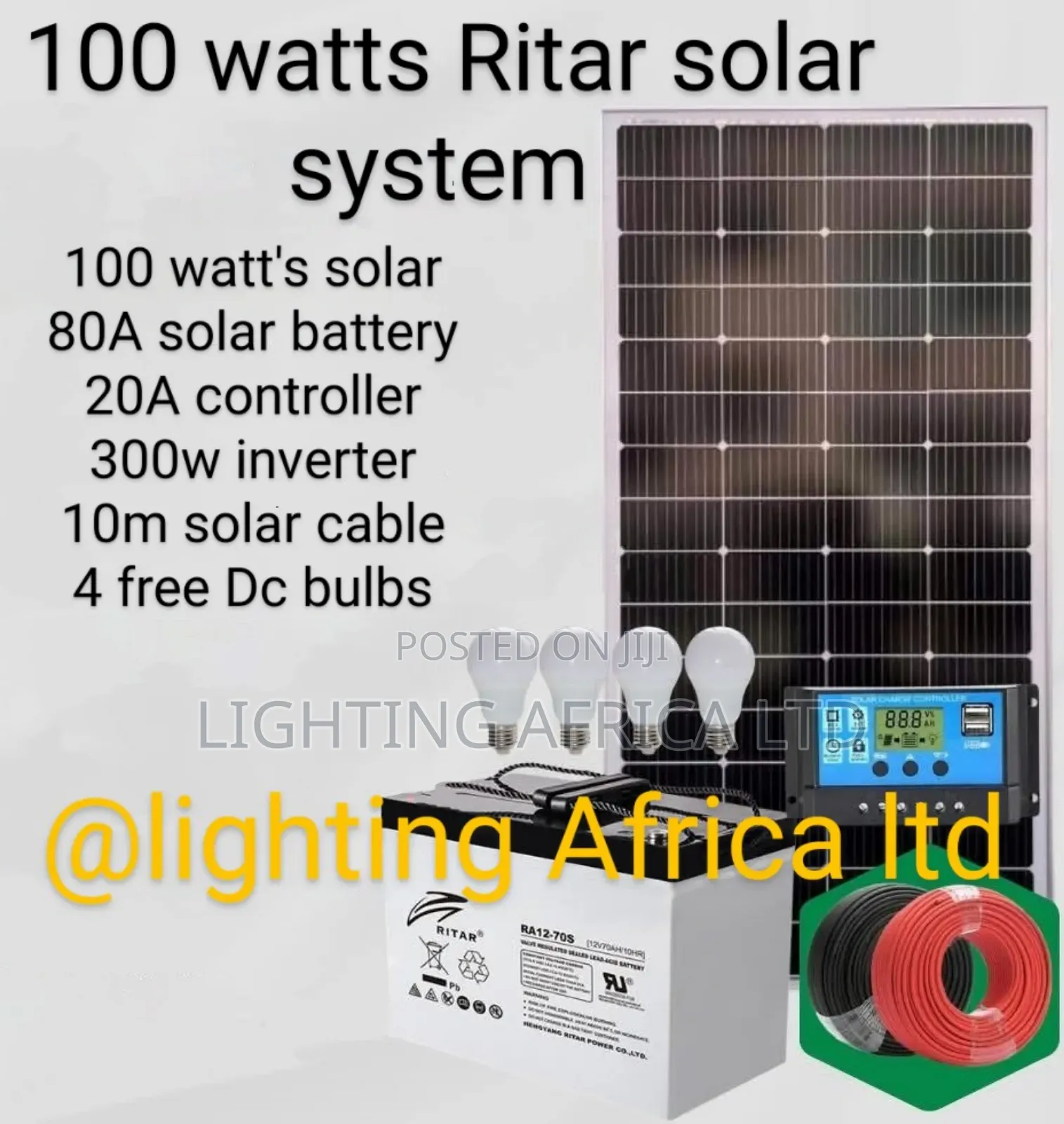100 Watts Solar - 80a Battery - 20a Controller - 300w Inverter Kit
