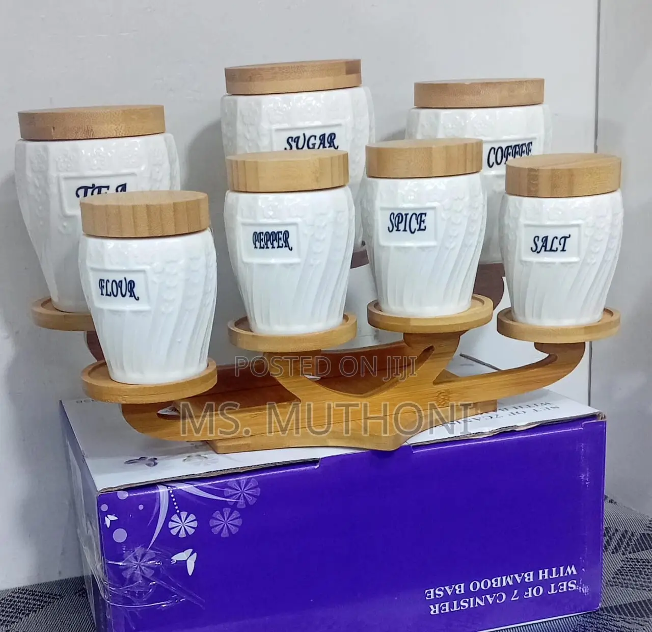 7pcs Ceramic Canisters With a Bamboo Stand and Bamboo Lids*