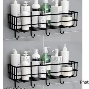 2pcsrectangular Metallic Bathroom Shelf With Hooks - thumbnail 2