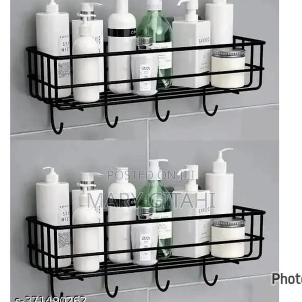 2pcsrectangular Metallic Bathroom Shelf With Hooks - main view