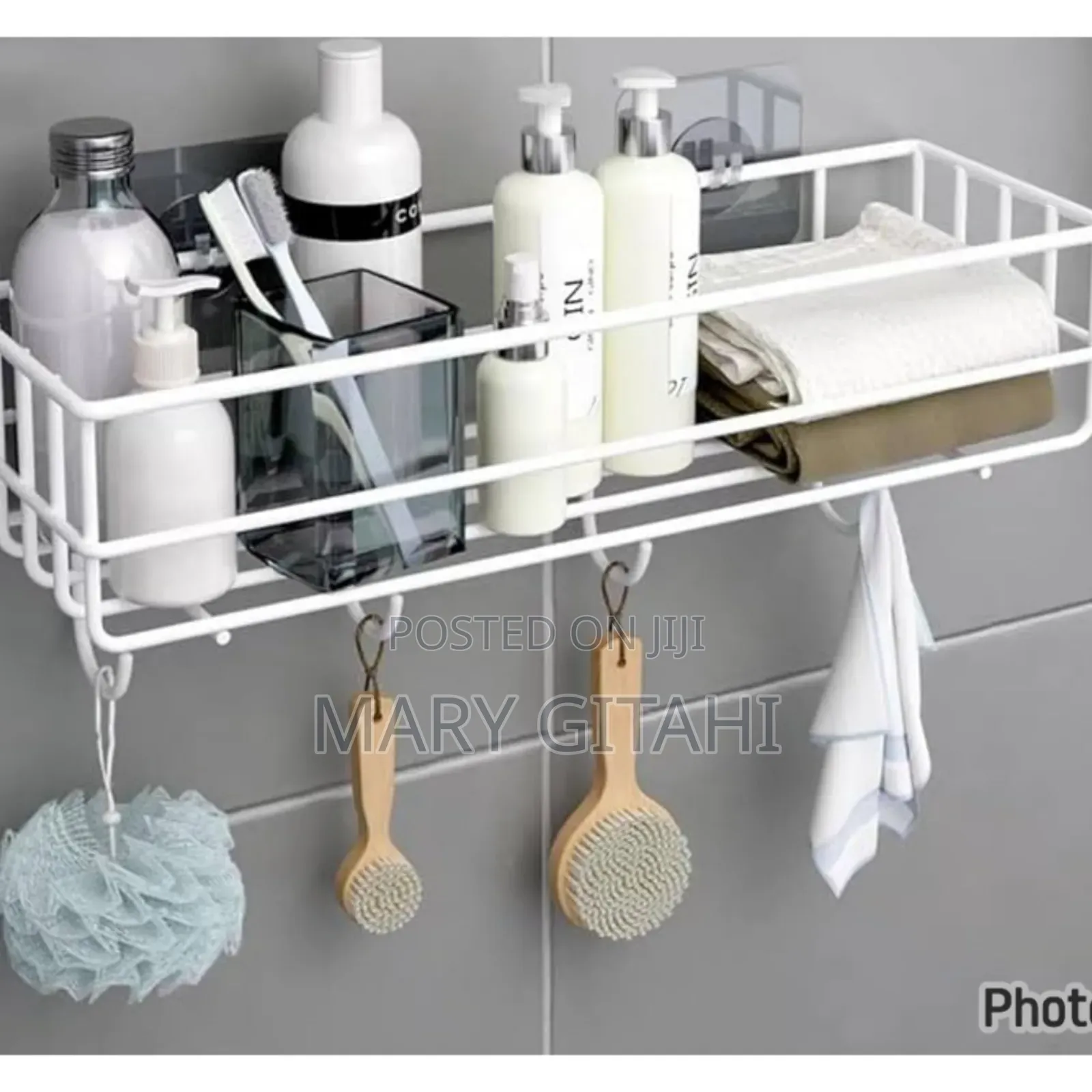 Rectangular Metallic Bathroom Shelf With Hooks