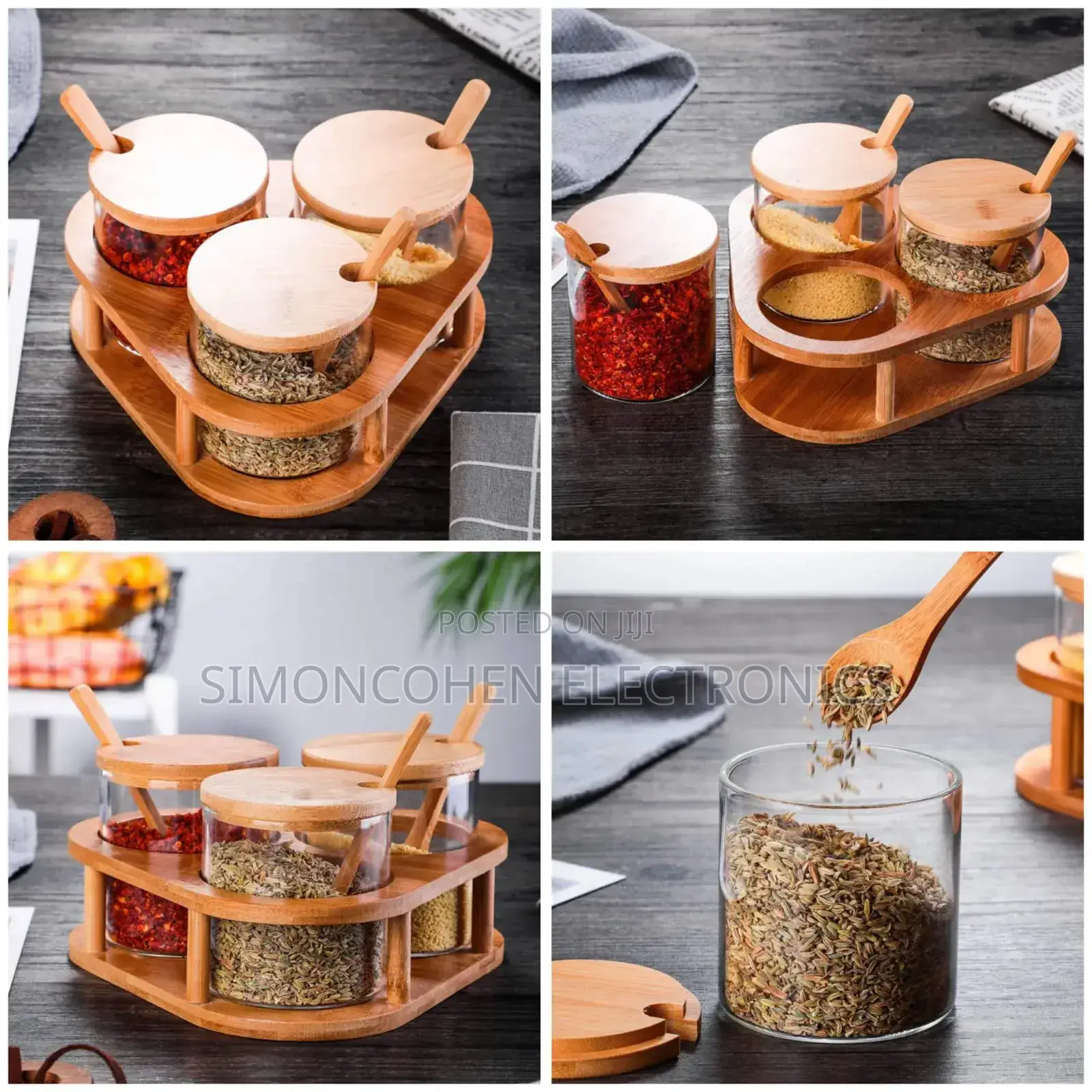 3pcs Glass Spice Containers Set With Bamboo Holder