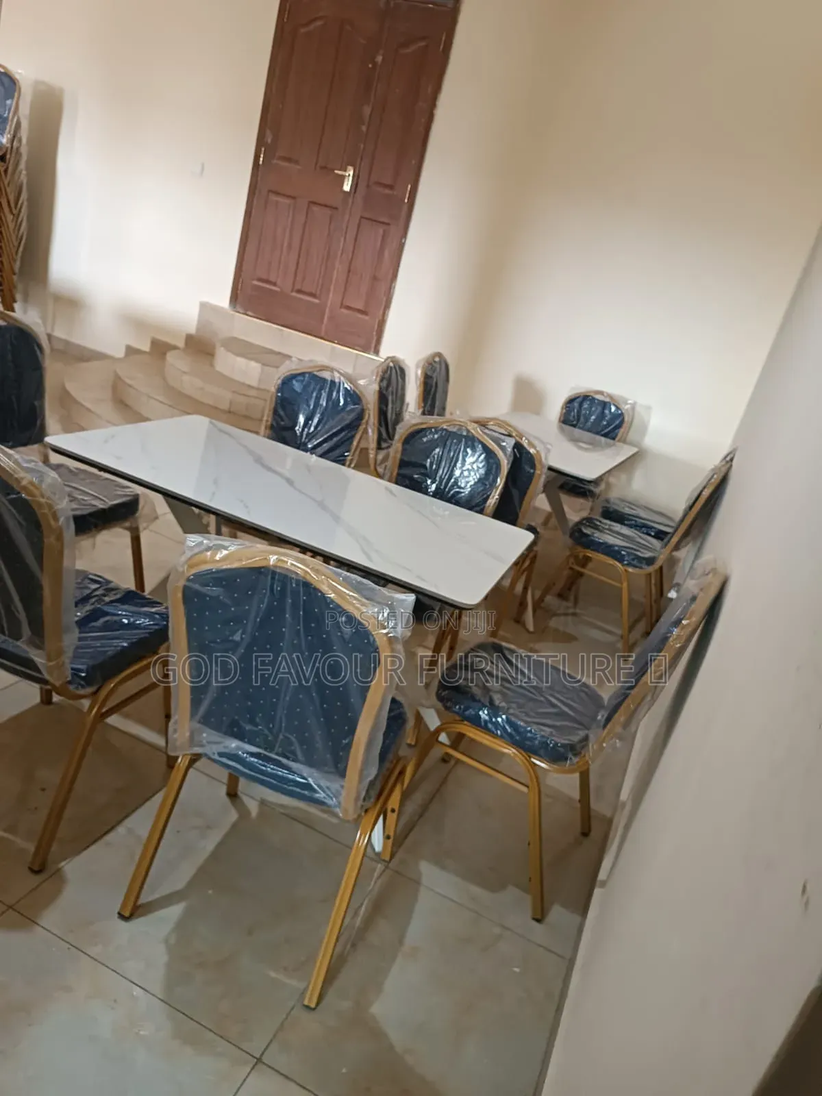White Dining Table/Hotel Table Set With 6 Stackable Chairs