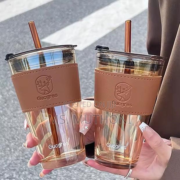Glass Cups With Cover+Straw+Leather Sleeveand, - main view