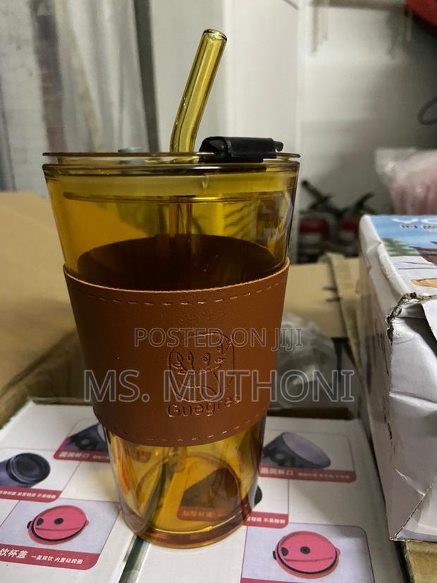 Glass Cups With Cover+Straw+Leather Sleeveand, - thumbnail 4