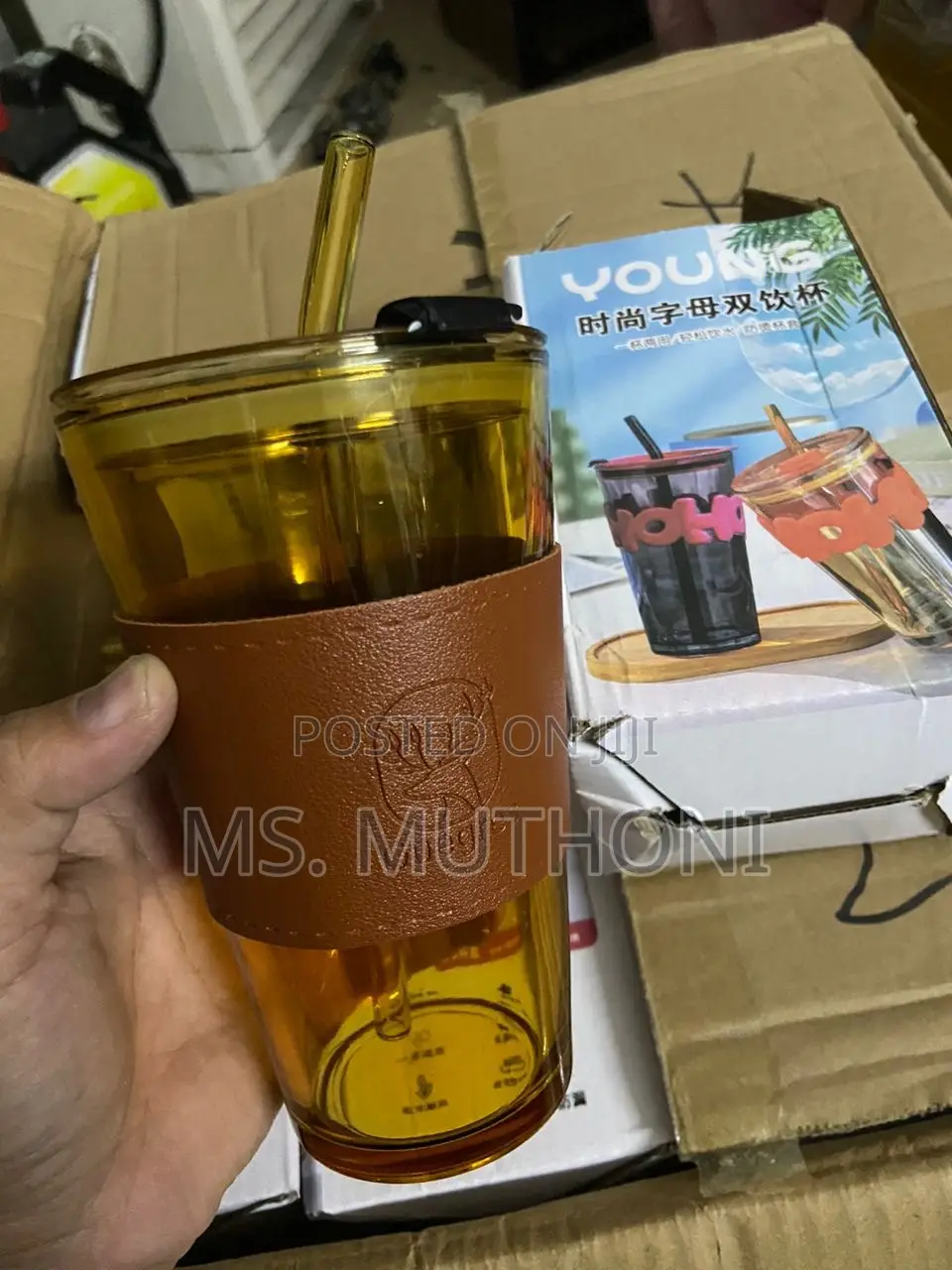 Glass Cups With Cover+Straw+Leather Sleeveand,