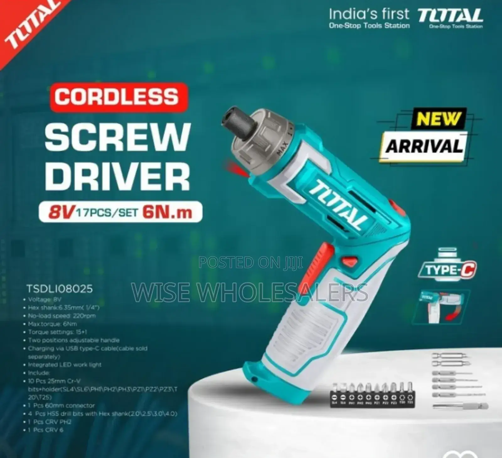 Total Cordless Screwdriver 9pcs Set