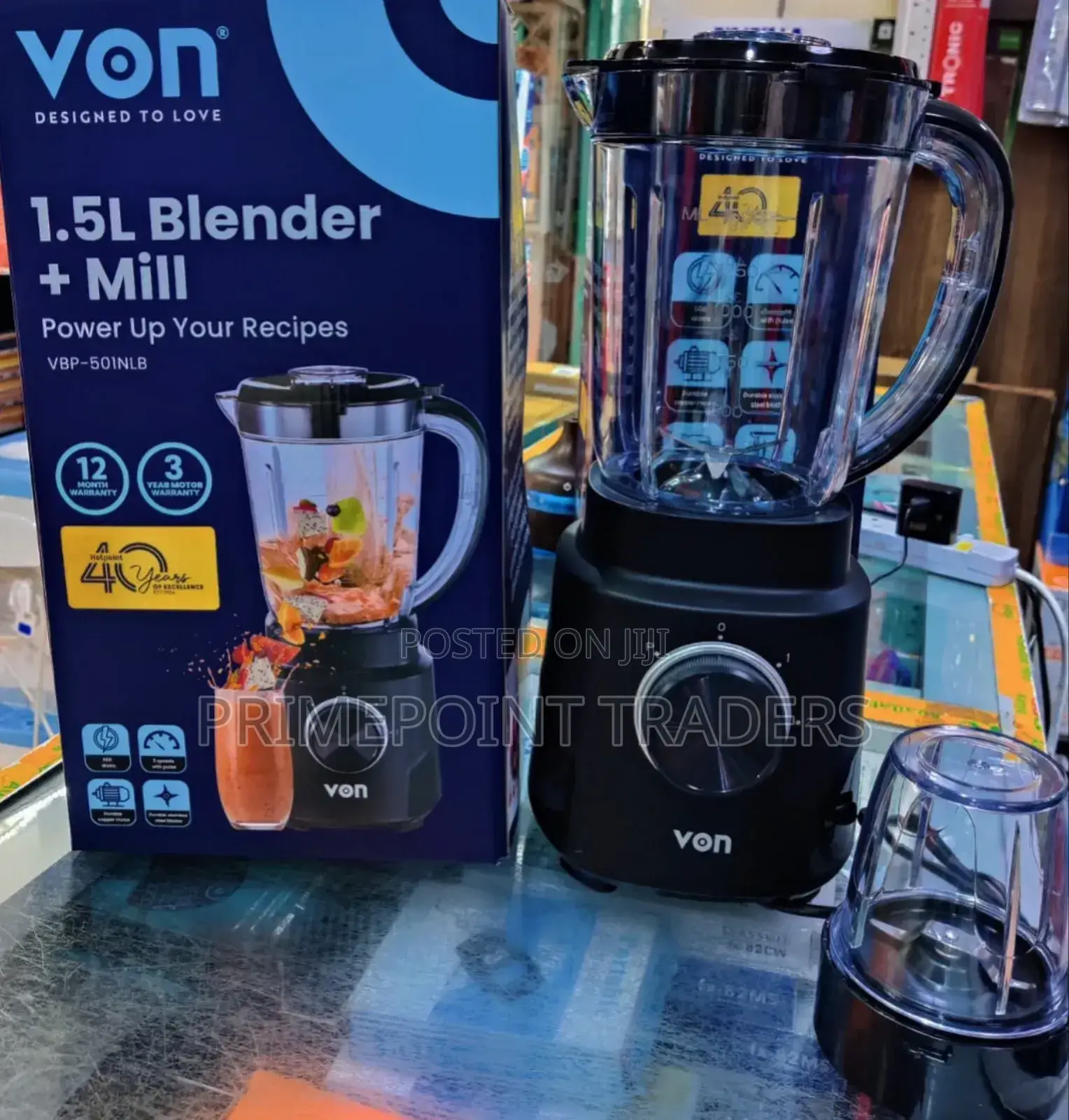 1.5ltrs Von Blender + Mill (Grinder) 500w 2 In1