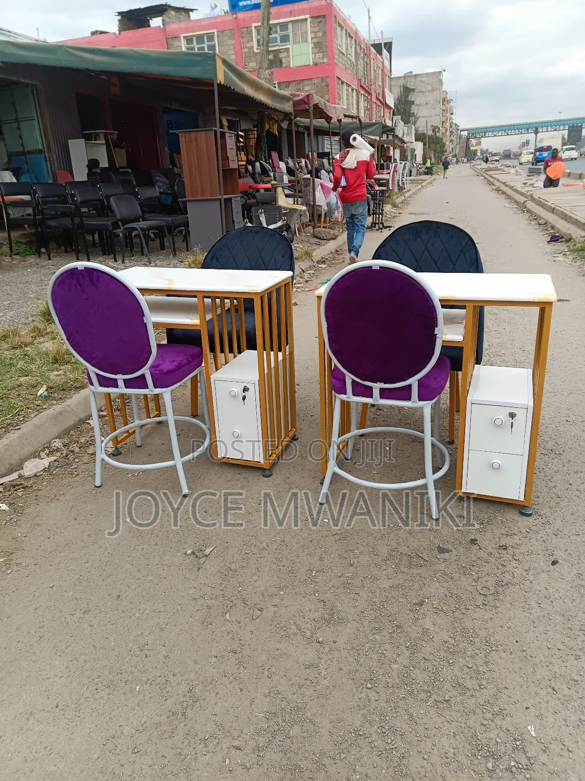 2 Manicure Sets, Black and Purple Seats, Marble Tables 