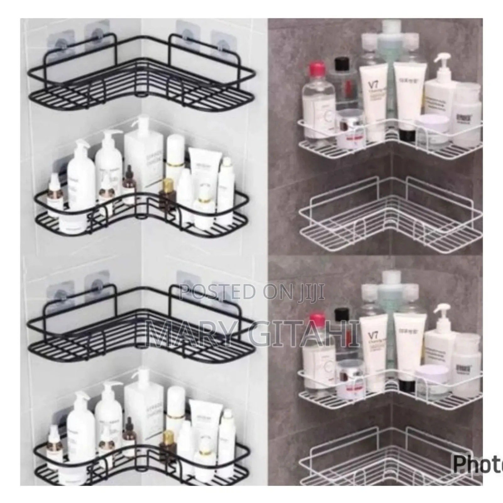 White and Black Triangular Metallic Corner Bathroom Shelf