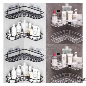 White and Black Triangular Metallic Corner Bathroom Shelf