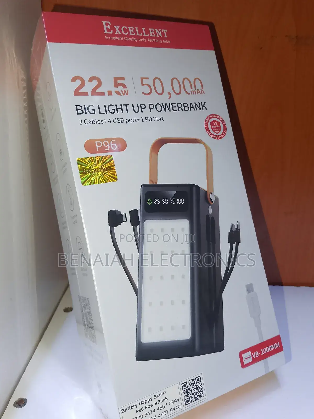 50000mah Excellent Powerbank With Led Lamp, Attached Cables