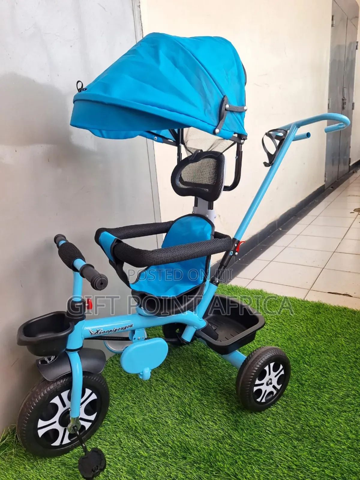 Blue 1--4 Years Push Handle Tricycle With Canopy For Kids