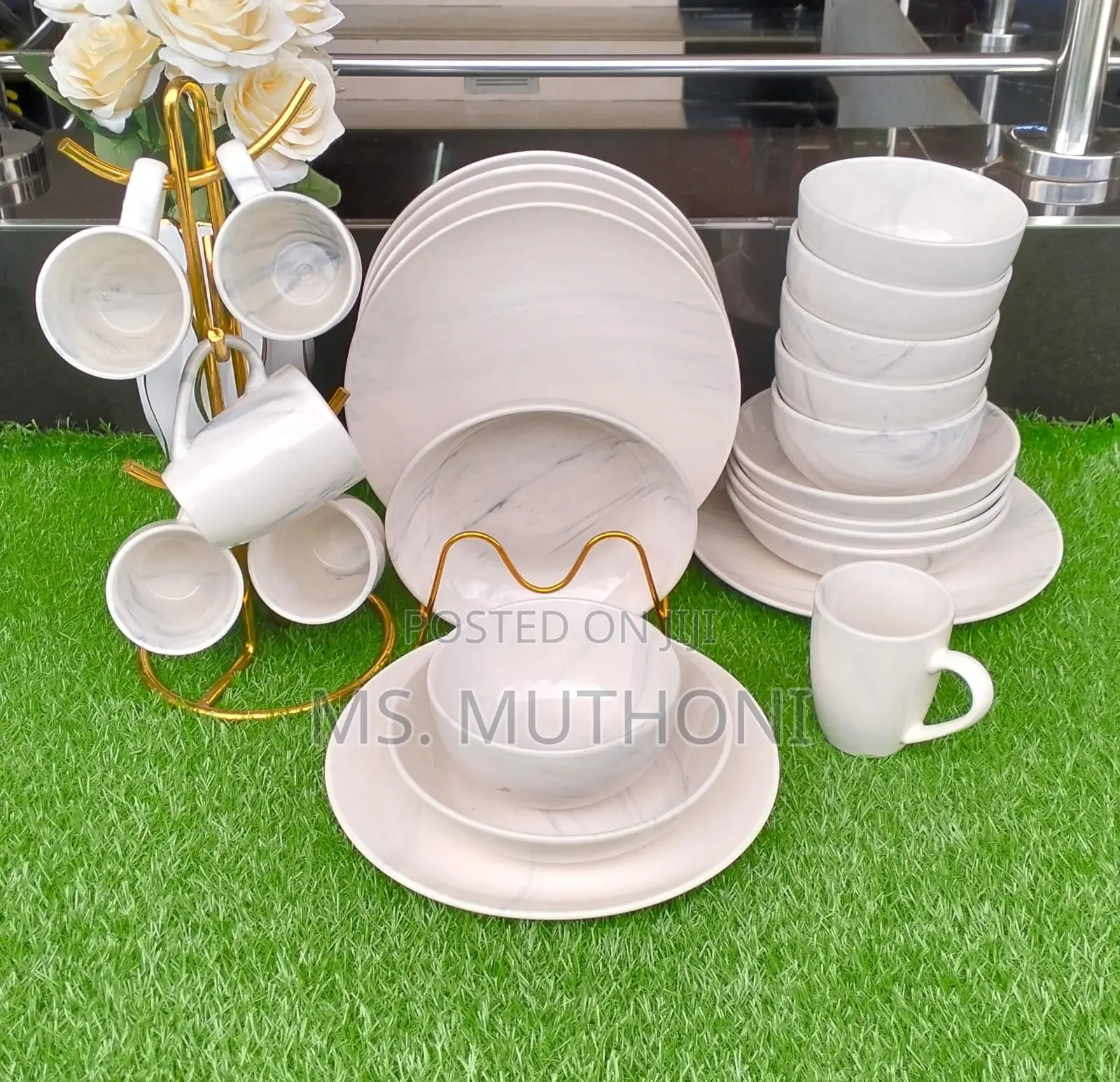 24pcs White-Marble Plain Round Dinner Set*