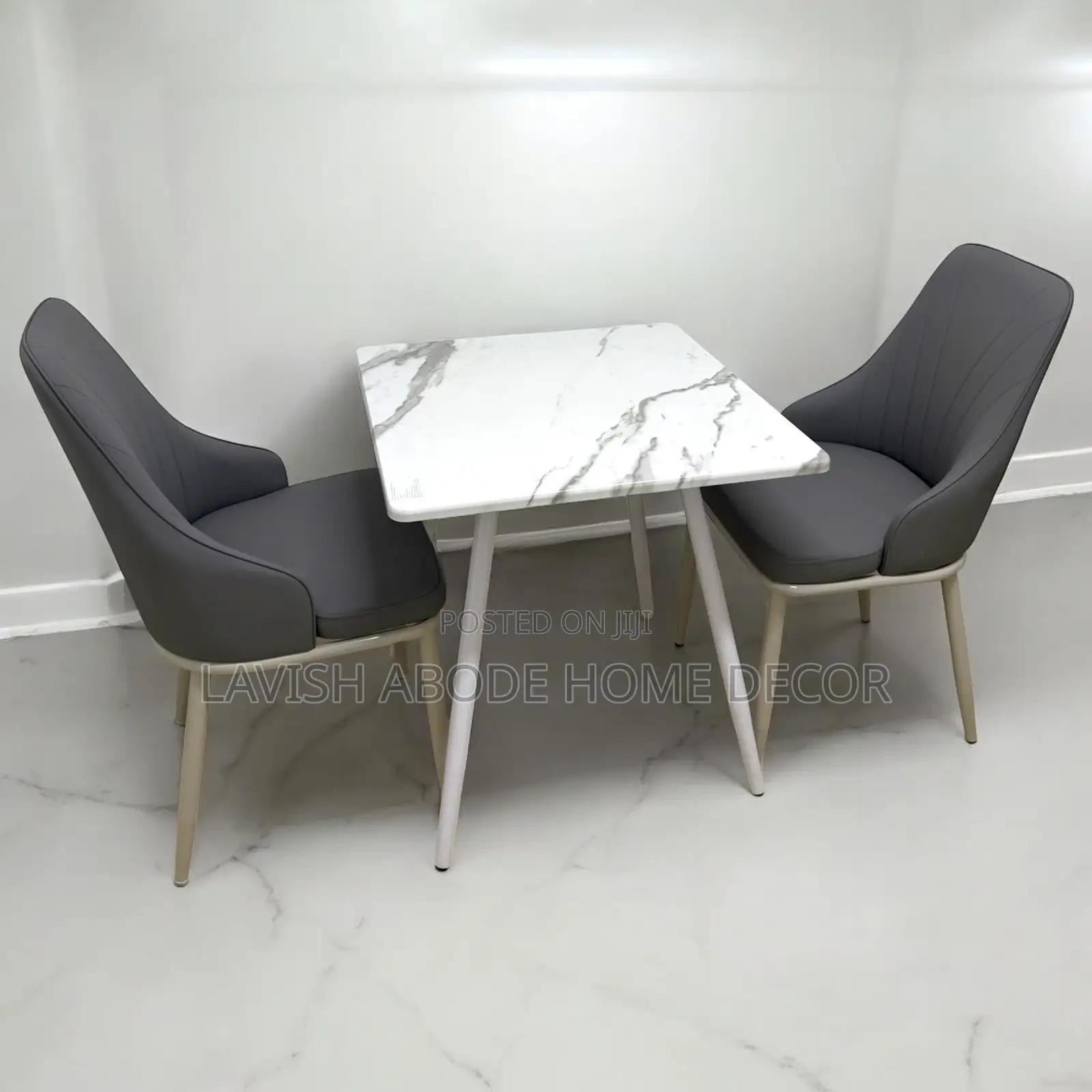 Square Marble Effect Table With 2 Leather Chairs Dining