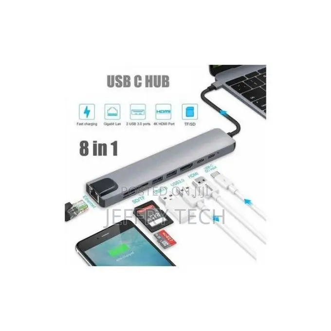 8-in-1 Type-C to Pd Adapter HDTV Hdmi Rj45 Usb 3.0/3.1 Sd