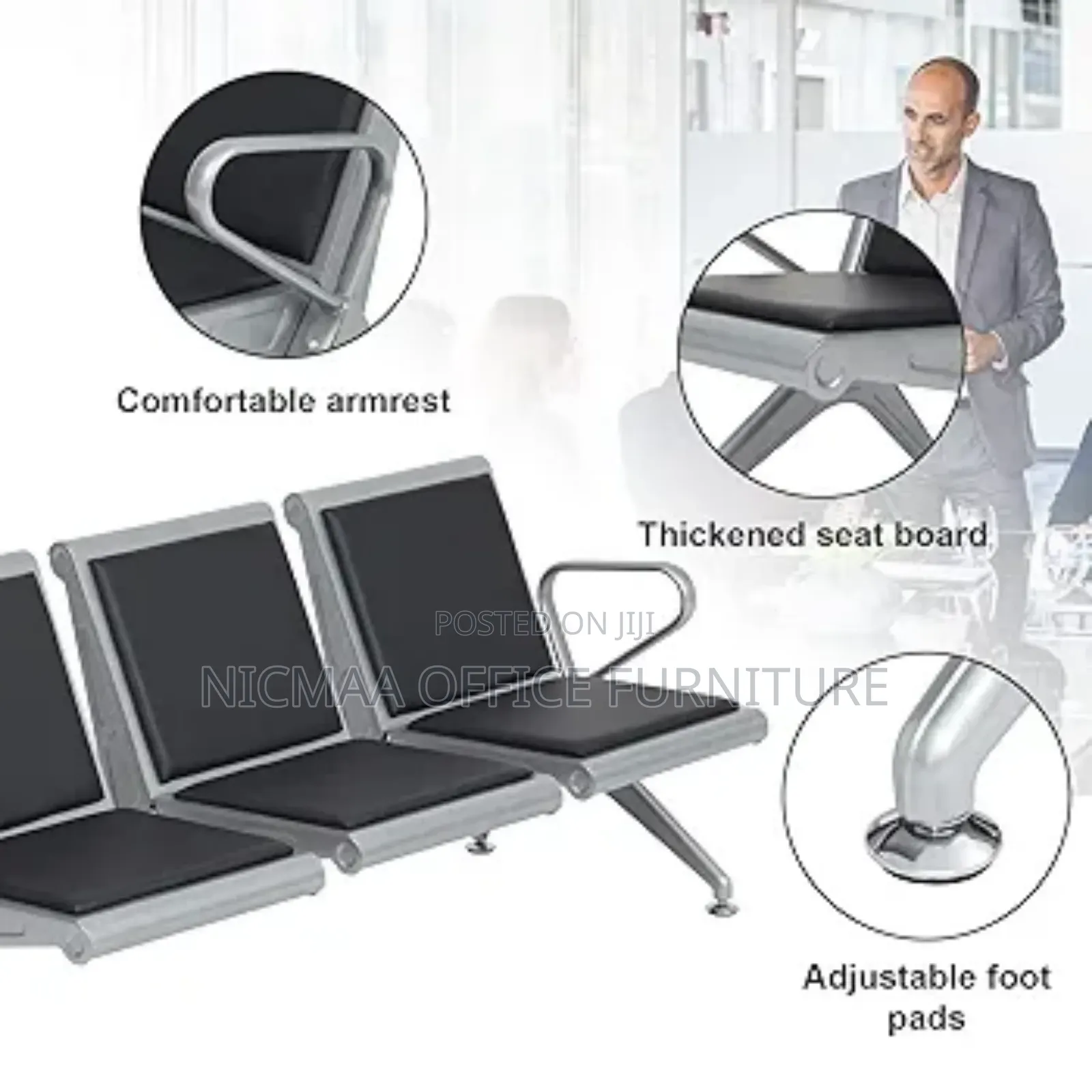 Heavy Duty Steel 3-Link Office Waiting Bench