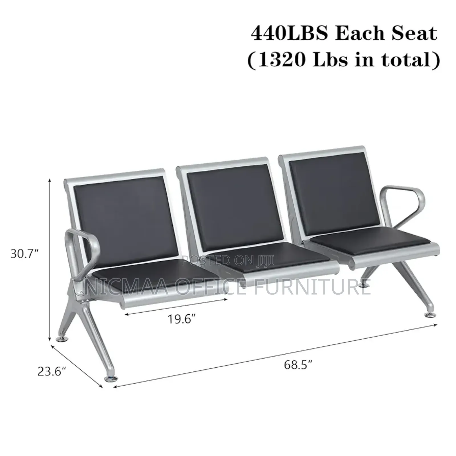 Heavy Duty Steel 3-Link Office Waiting Bench