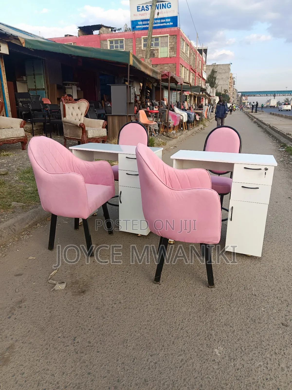 2 Manicure Sets, White Table, Pink Seats