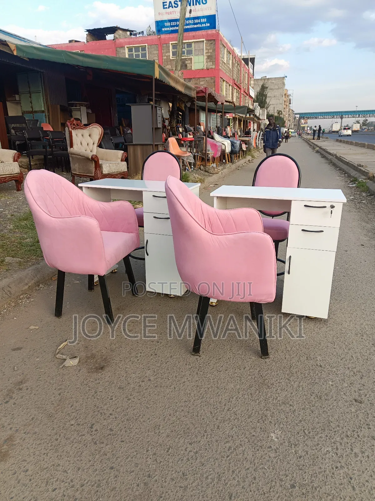 2 Manicure Sets, White Table, Pink Seats