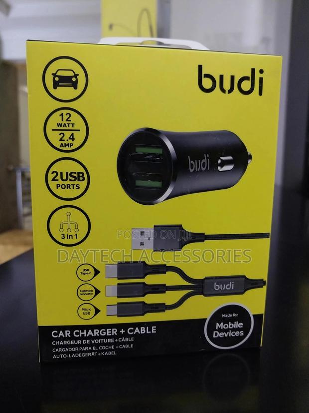 Budi 12w Car Charger With 3-in-1 Charging Cable 1m