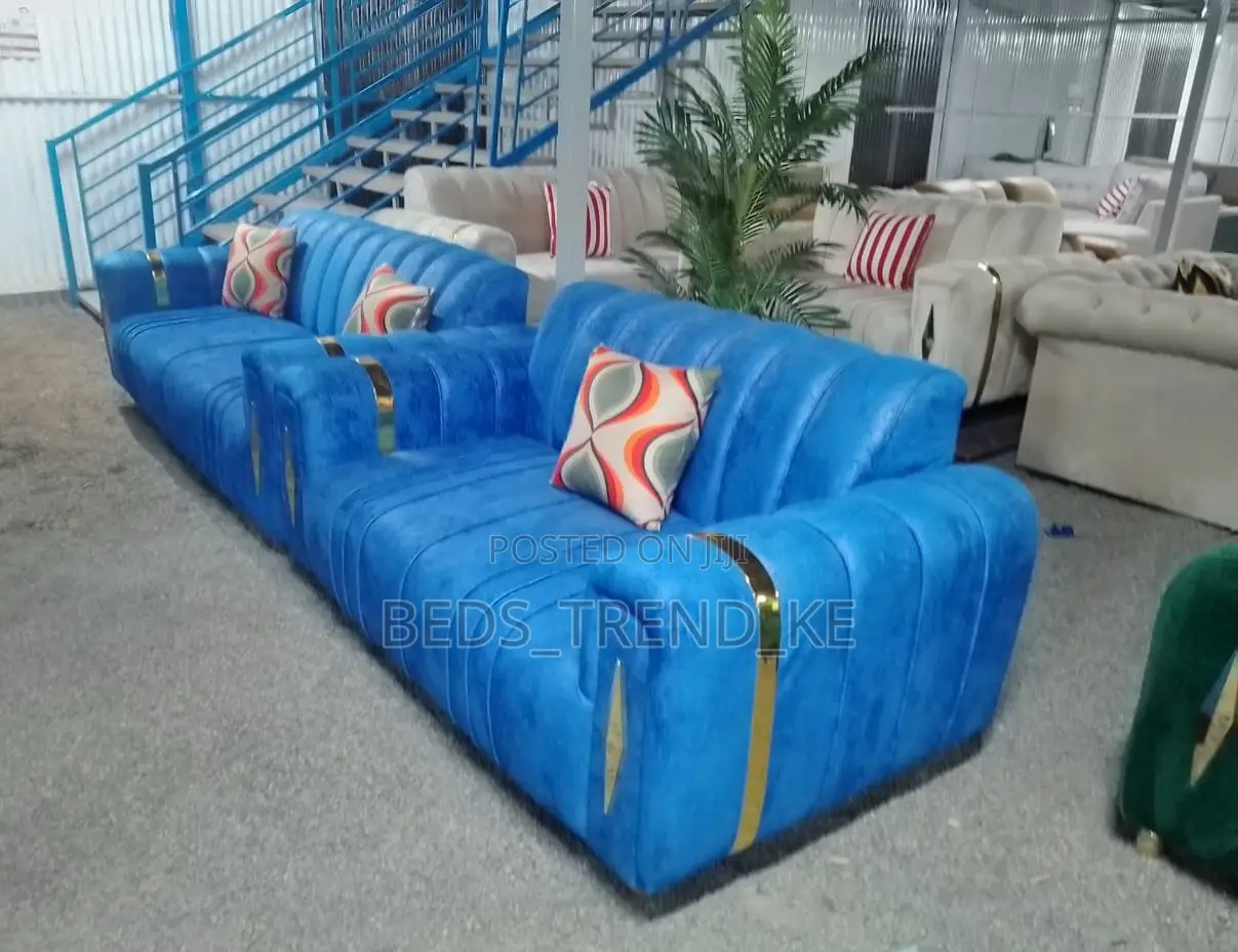 Blue 5 Seater 3-2 Sofa Set Design With Throw Pillows