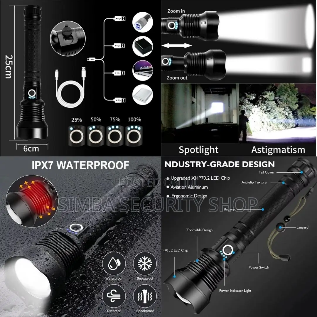 Metallic P70 Led Rechargeable Tactical Flashlight Torch Zoom